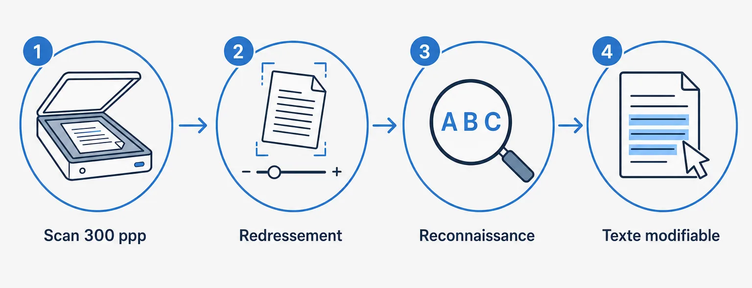 Les quatre étapes d'un traitement OCR : scan à 300 ppp, redressement de la page, reconnaissance des caractères, texte modifiable