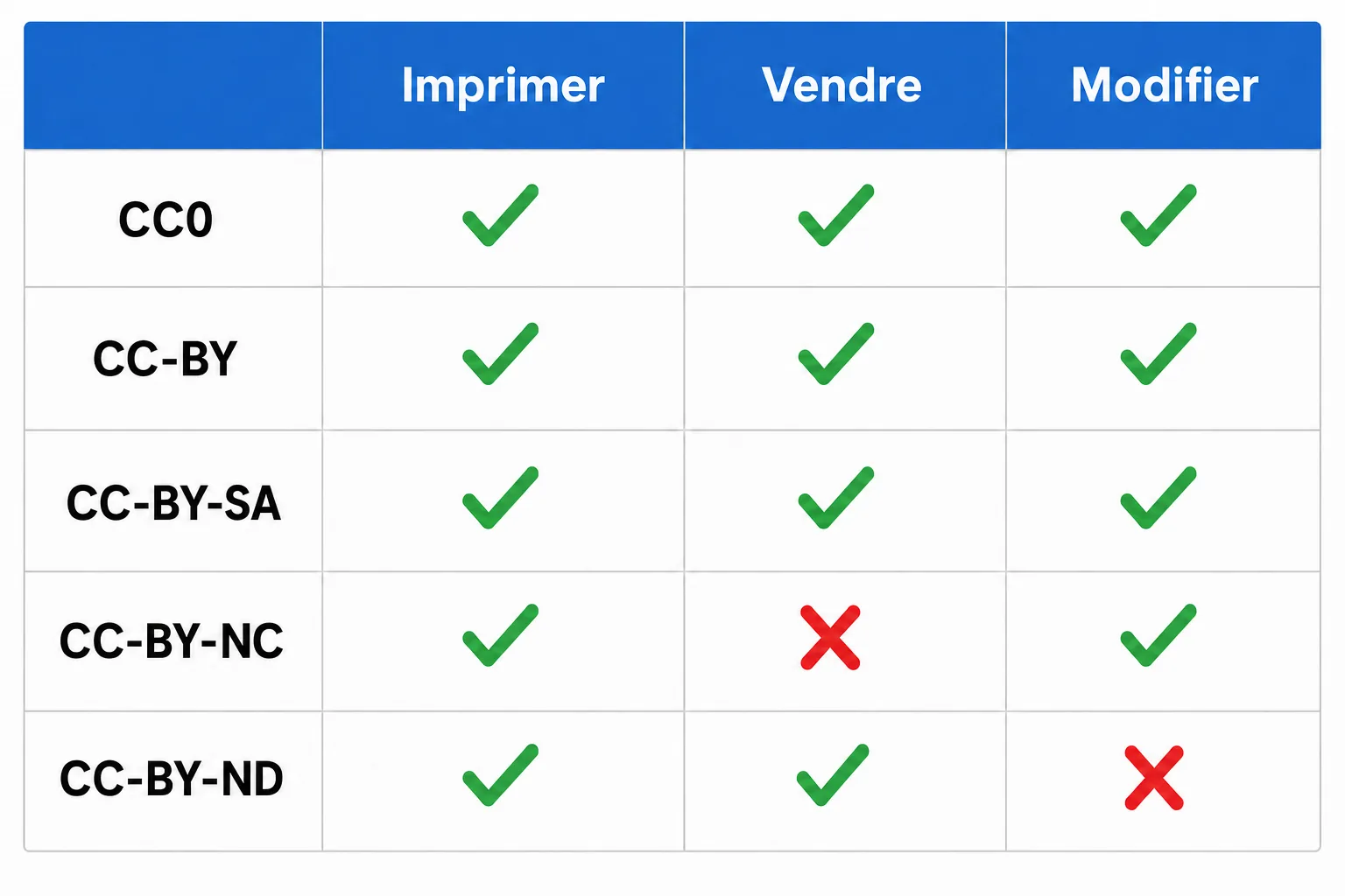 Tableau des licences Creative Commons des fichiers STL : droit d'imprimer, de vendre et de modifier selon CC0, CC-BY, CC-BY-SA, CC-BY-NC et CC-BY-ND