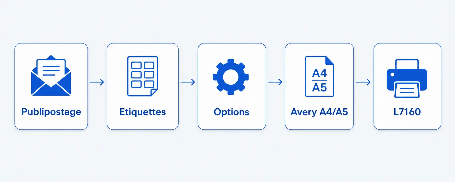 Chemin dans Word pour ouvrir un modèle d'étiquette Avery : onglet Publipostage, bouton Étiquettes, bouton Options, fournisseur Avery A4 A5, numéro de référence